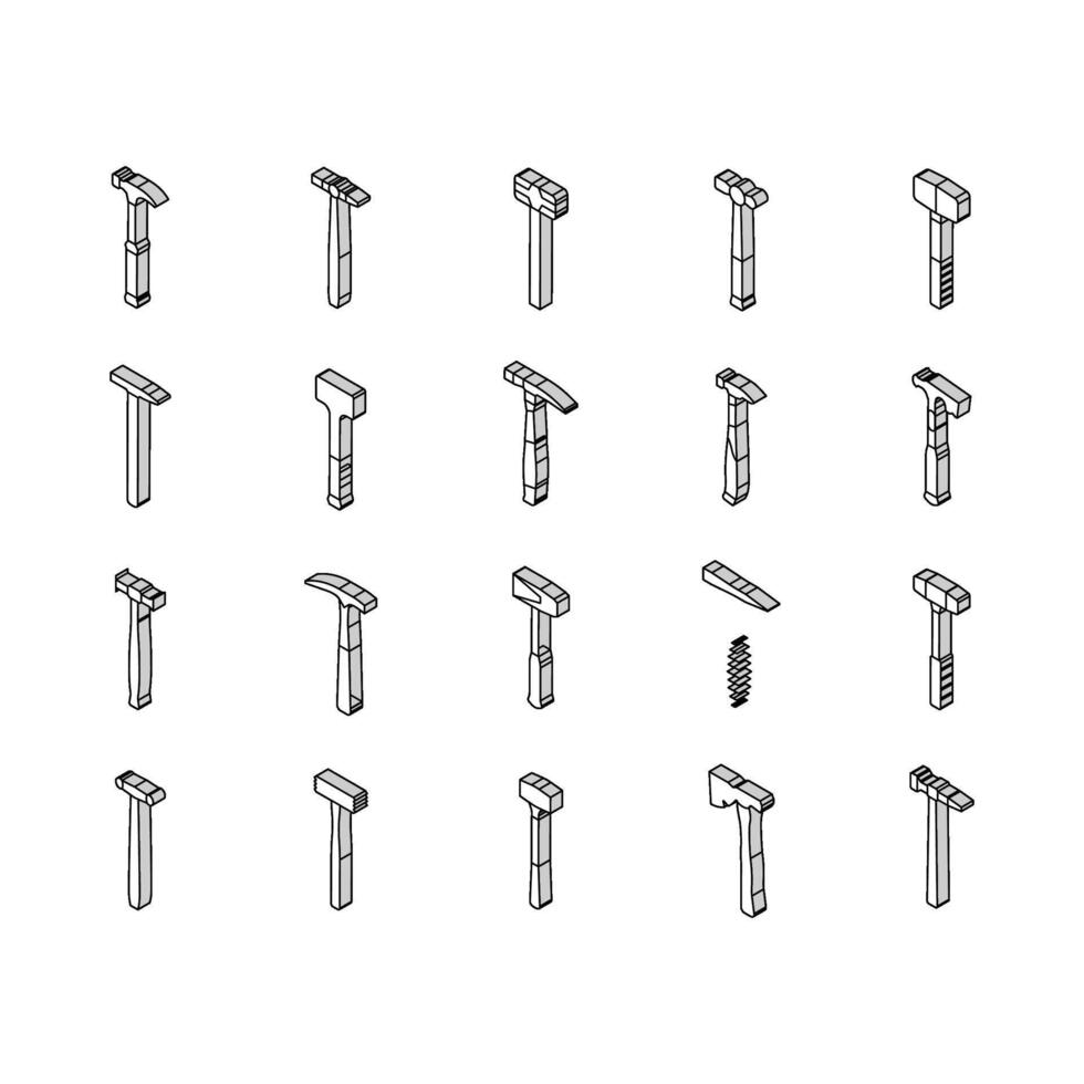 hammer tool construction isometric icons set vector