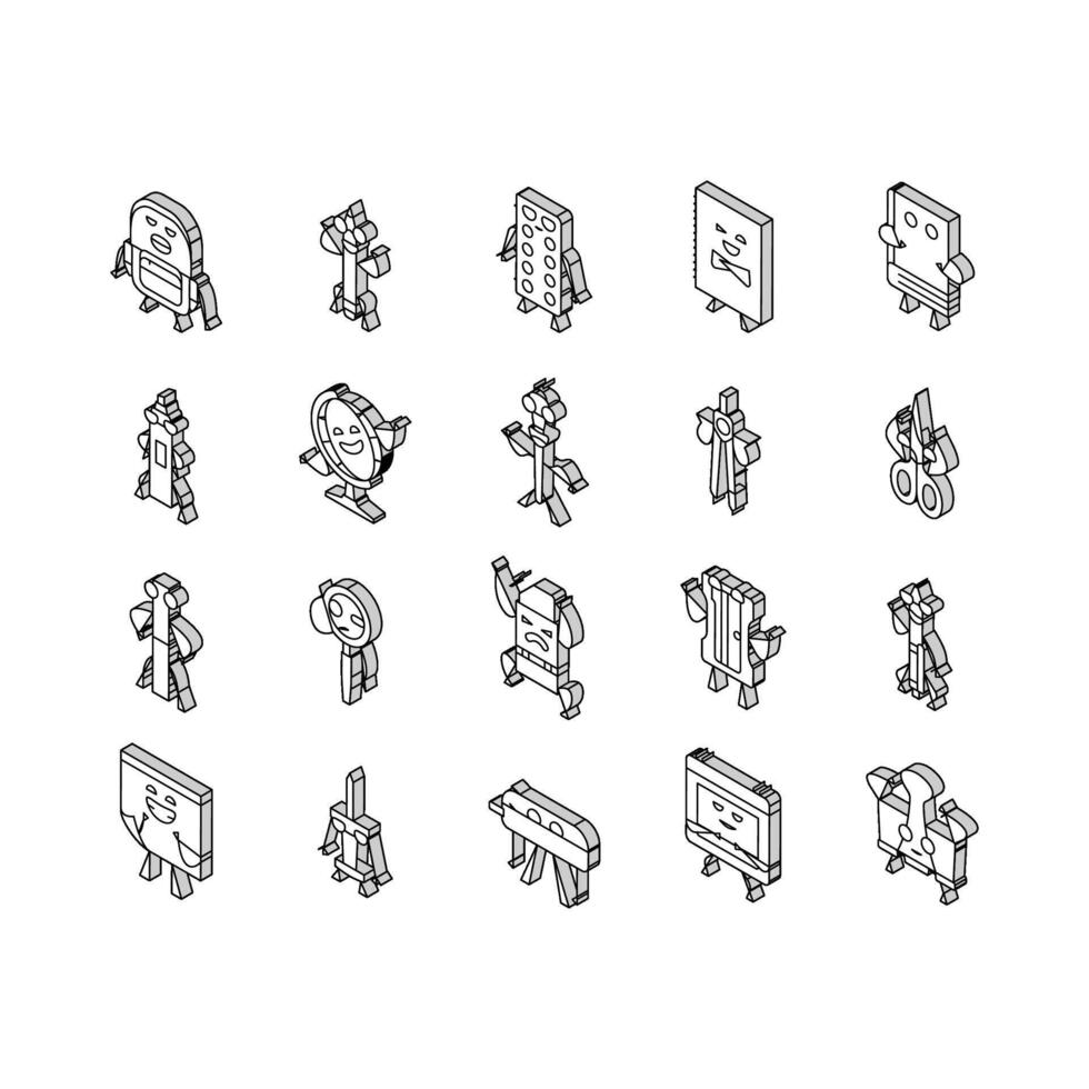 stationery character school isometric icons set vector