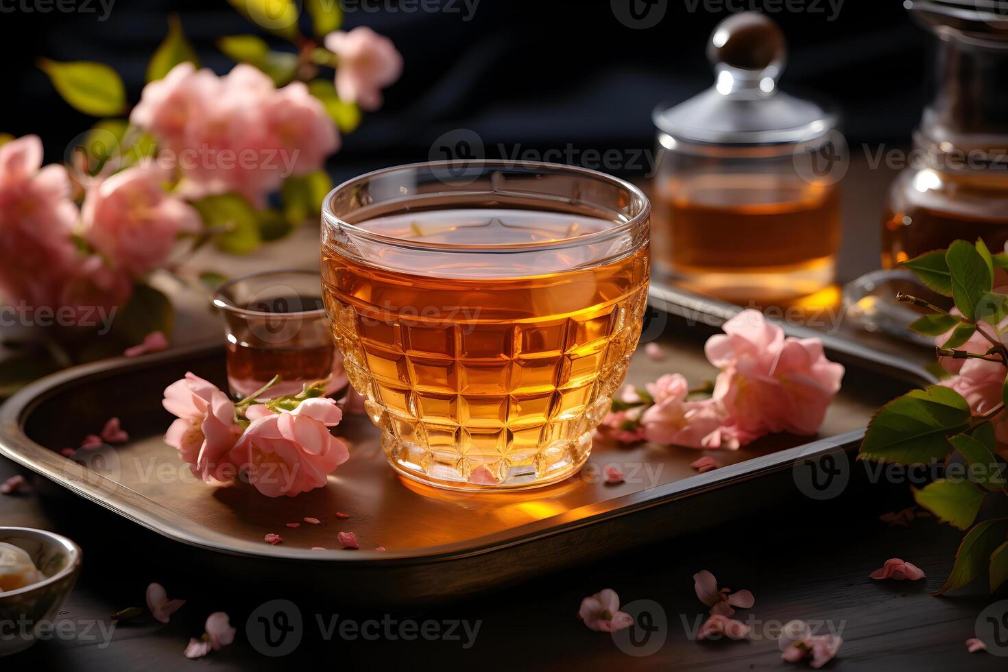 AI generated Cup of aromatic tea with fresh roses flowers on the table. Organic and natural, herbal hot healthy beverage. photo