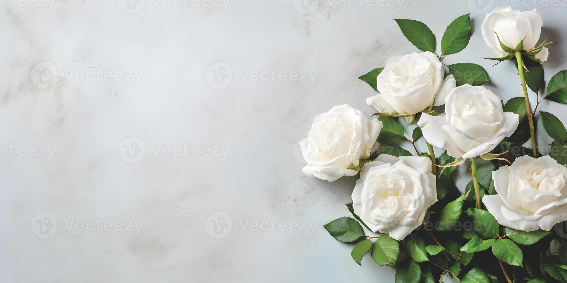 AI generated White garden roses on light concrete background, summer flowers flat lay banner. Valentine's, womens, mothers day, birthday or wedding concept. Top view. Copy space. Generated AI. photo