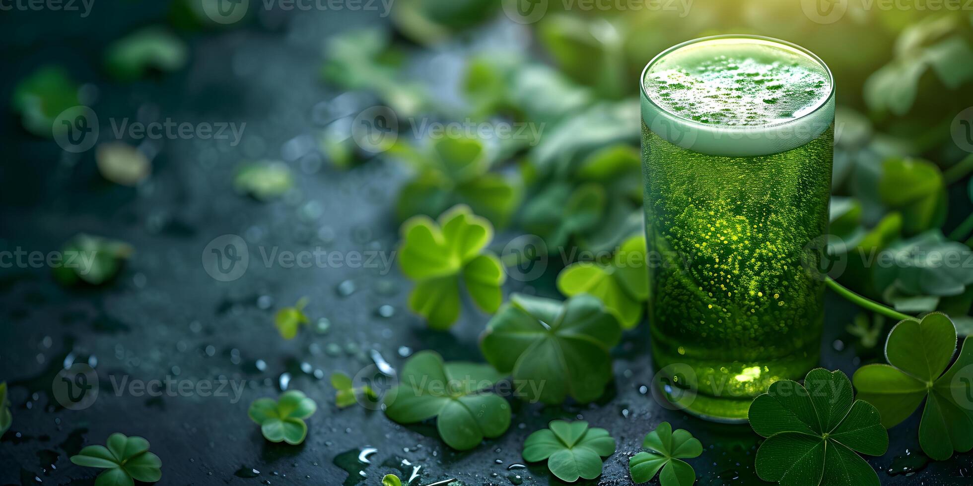 ai generado el Santo patrick's día verde cerveza, cerveza inglesa vaso con tréboles en hada cola bosque. S t. patrick's día bandera antecedentes concepto con Copiar espacio. foto