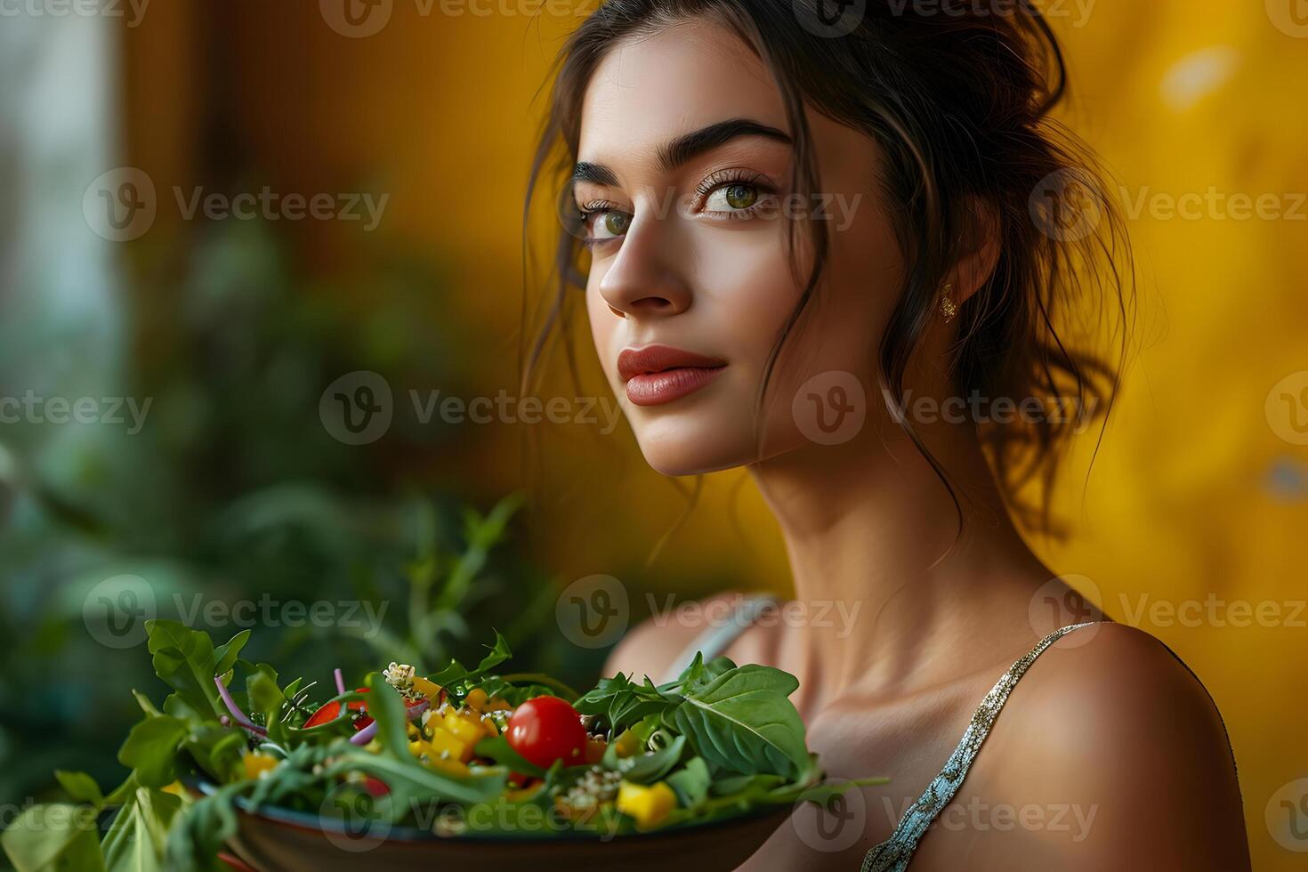 ai generado hermosa joven mujer, cerca arriba retrato, participación Fresco vegetal ensalada en amarillo antecedentes. sano estilo de vida concepto. foto