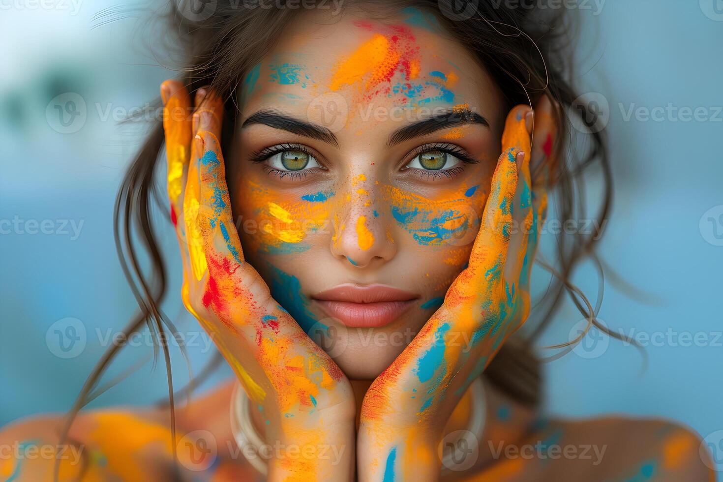 AI generated Young and happy hindu indian woman smeared with bright colorful powder paint , celebrate holi festival dahan concept. photo