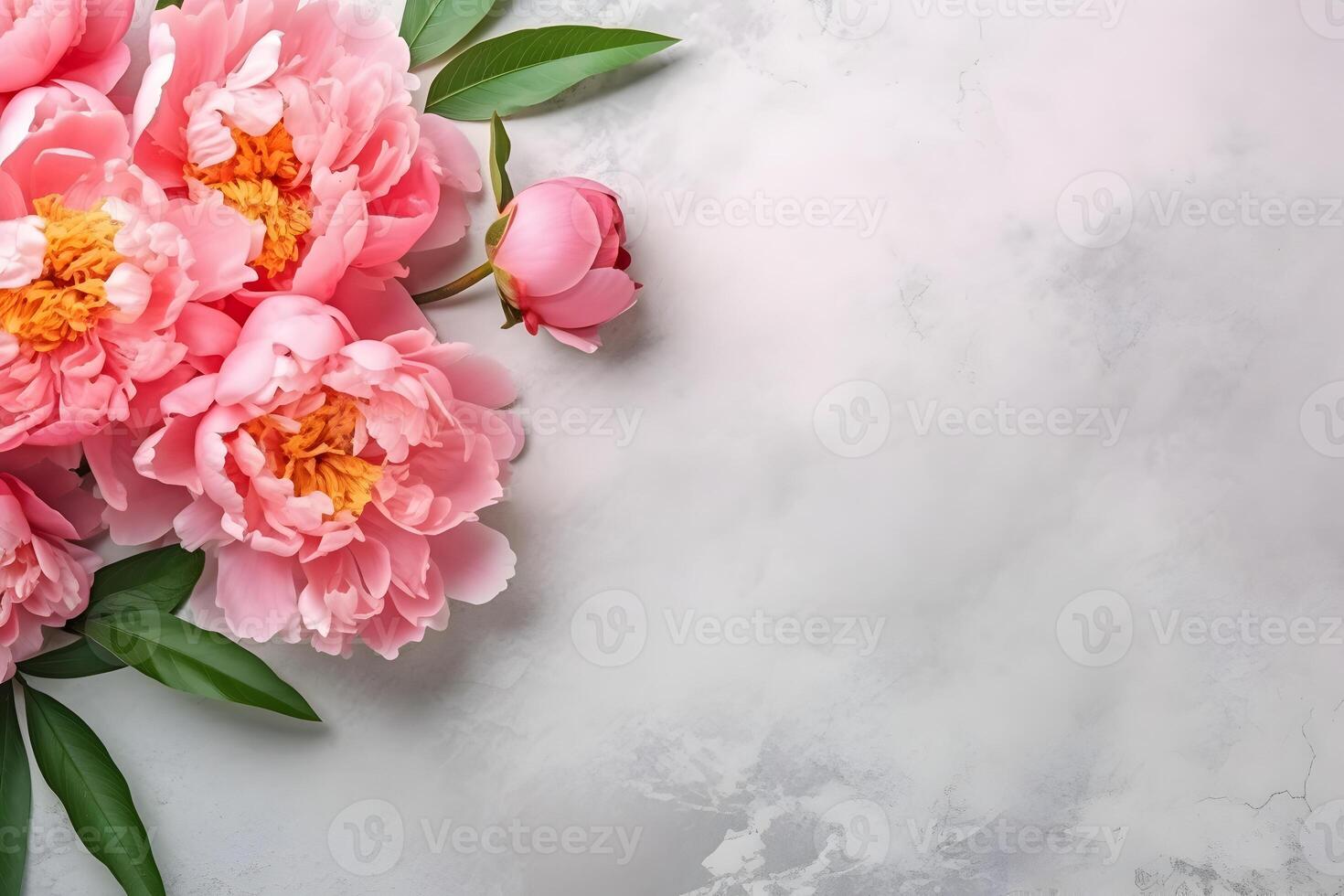 AI generated Peony flowers on light concrete stone background, spring flat lay composition. Valentine's, womens, mothers day, birthday or wedding concept. Top view. Copy space. Generated AI. photo