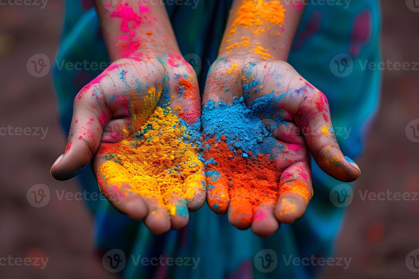 AI generated Painted hands smeared with bright colorful powder paint. Holi festival dahan concept. photo