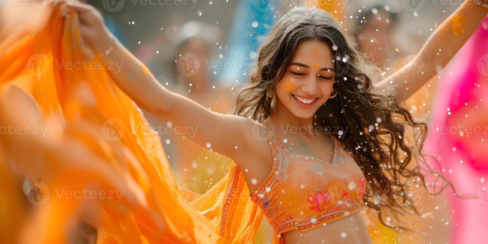 AI generated Young and happy hindu indian woman in national indian sari clothes dancing and celebrate holi festival dahan. Bright colorful powder paint background, concept with copy space. photo