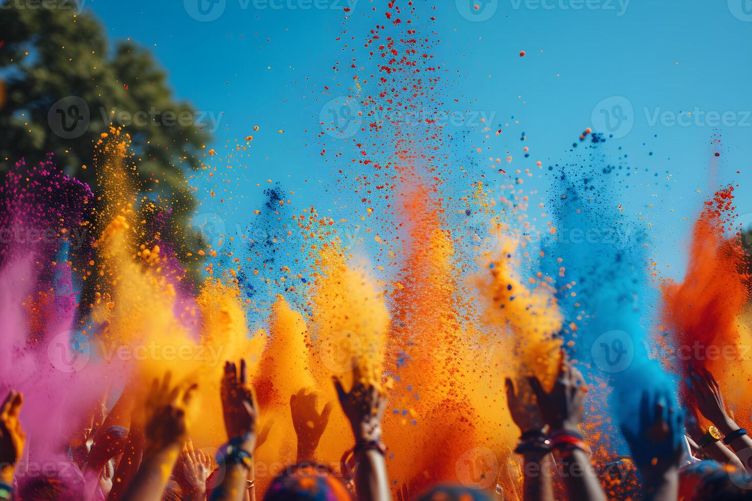 AI generated Crowd throwing bright colorful powder paint in the air. Happy hindu indian people celebrate holi festival dahan. Holiday background concept with copy space. photo