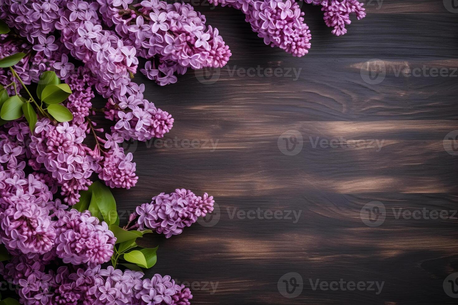 AI generated Lilac flowers on wooden background, spring flat lay composition. Valentine's, womens, mothers day, birthday or wedding concept. Top view. Copy space. Generated AI. photo