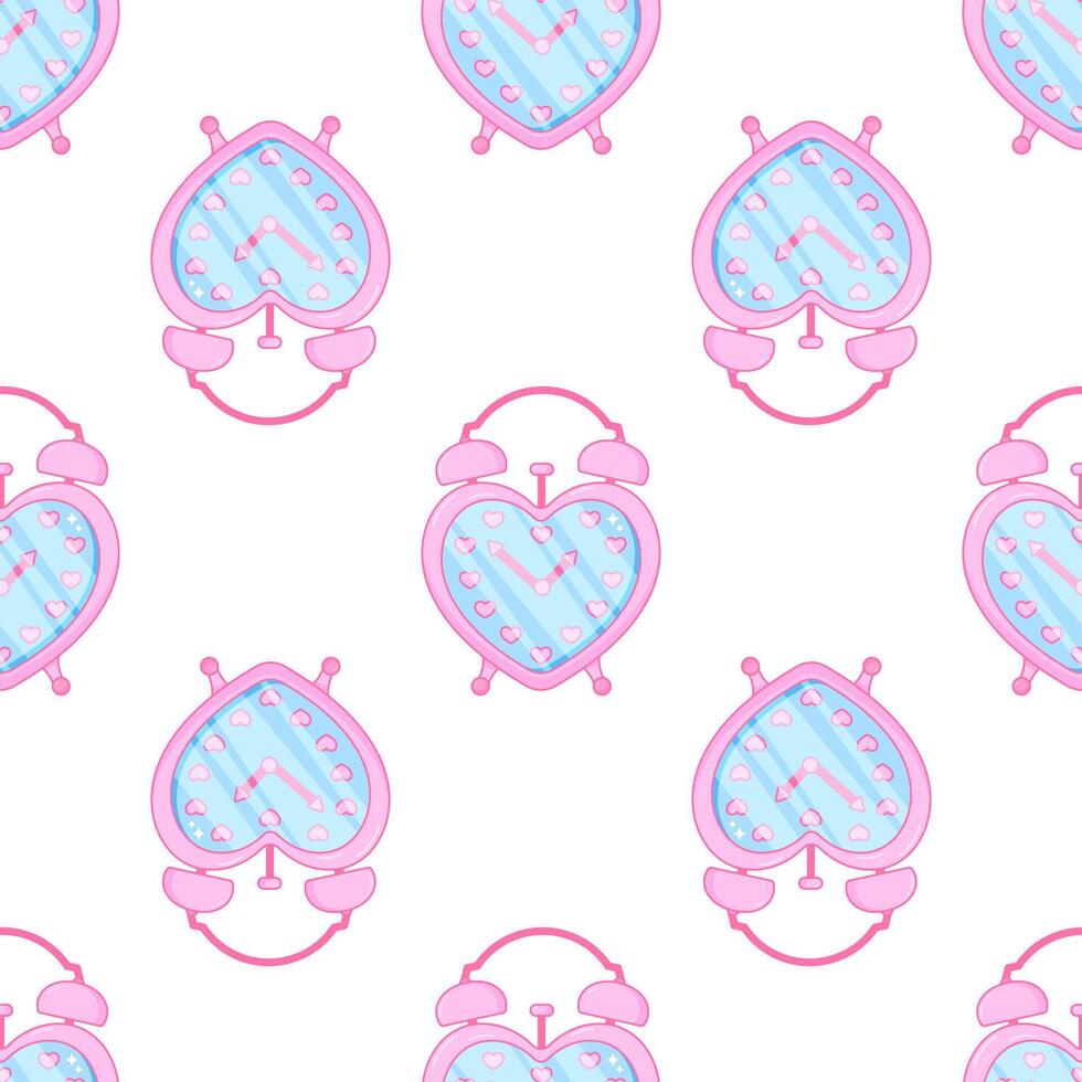 Cute girlish alarm clock. Pink glamour. Seamless pattern. Heart shape. vector