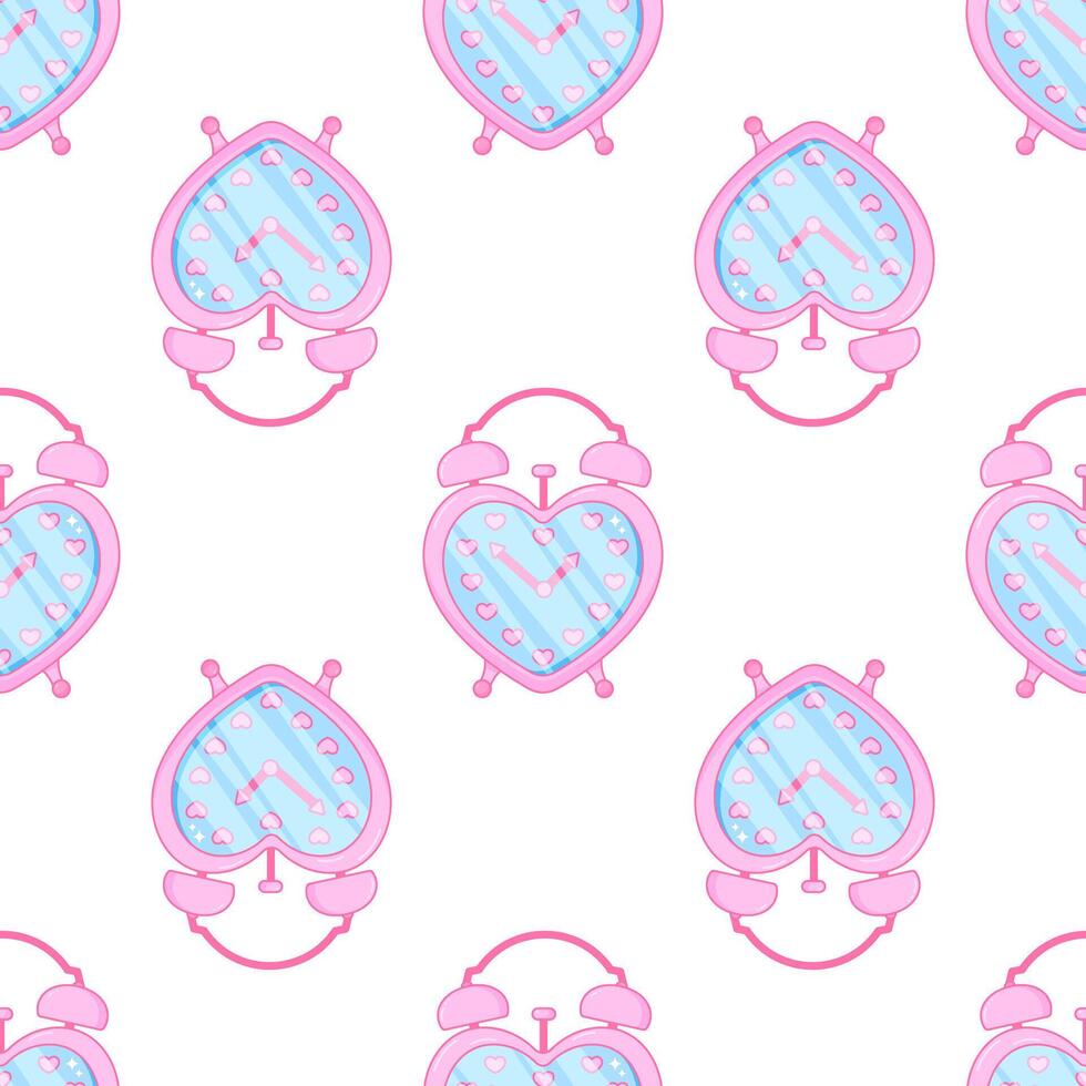 Cute girlish alarm clock. Pink glamour. Seamless pattern. Heart shape. vector