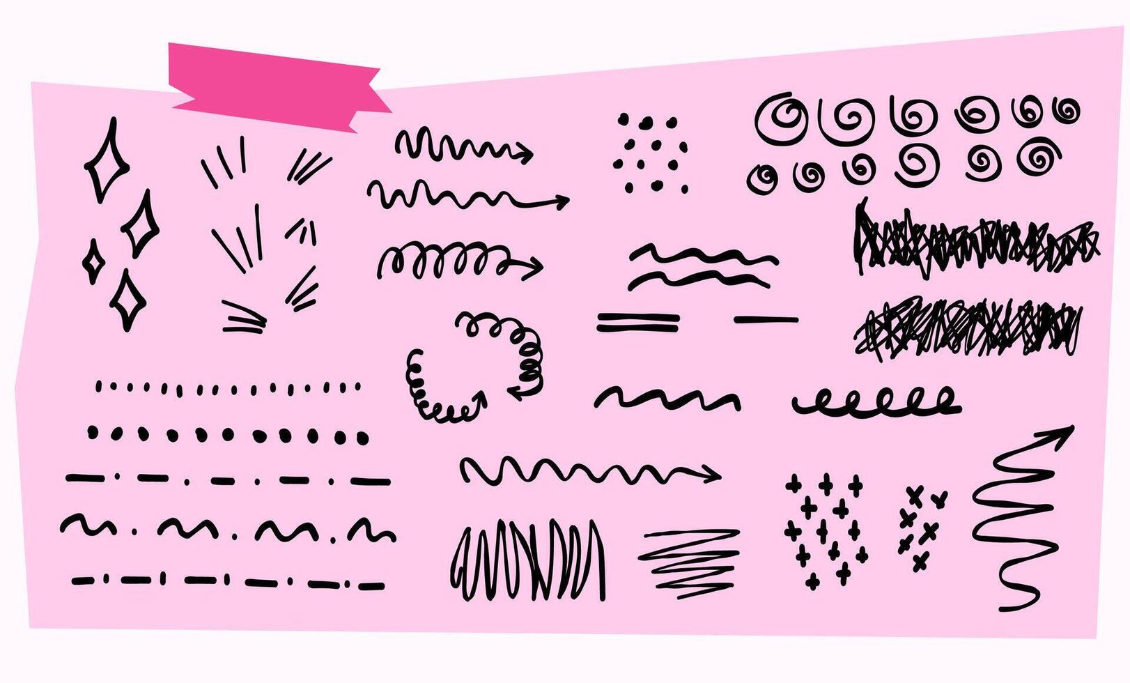 Hand drawn scribbles in trendy y2k style. Abstract doodle elemnts. Imitate pen, pencil, marker strokes. Different textures and shapes. Arrows, lines, curves, dots, spirals. vector