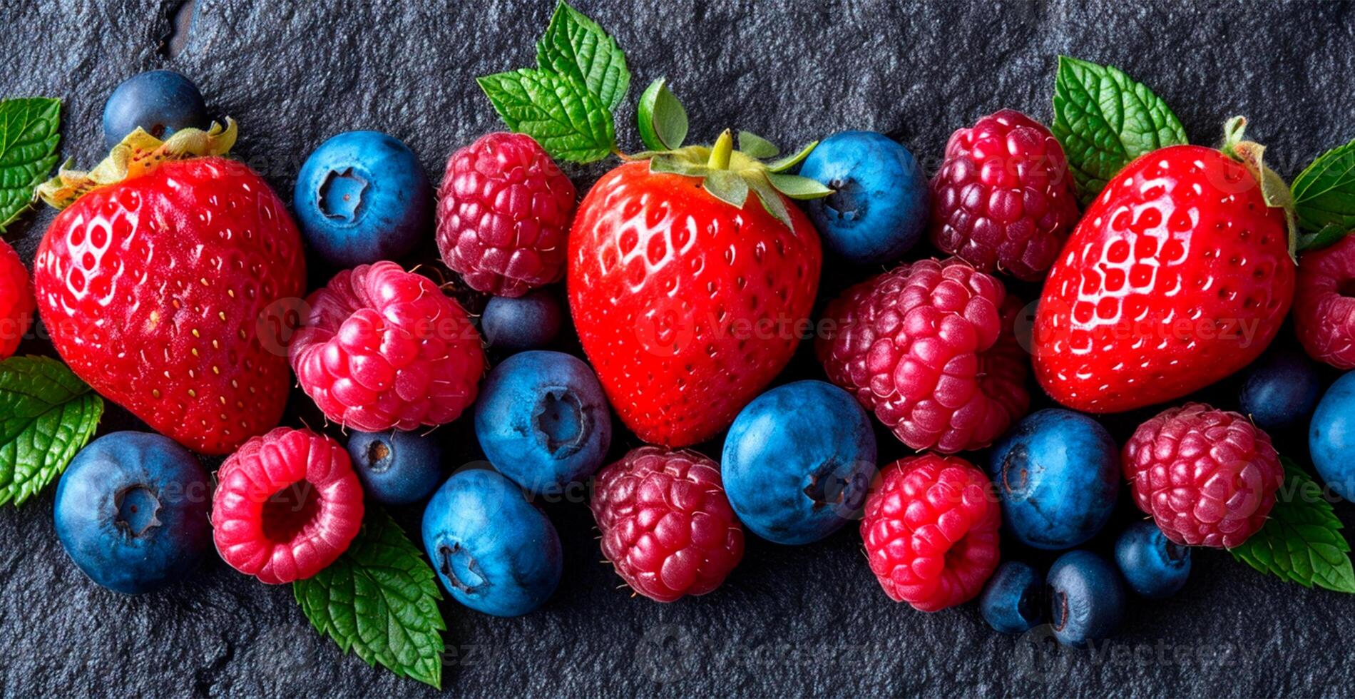 AI generated Fresh strawberries and blueberries - AI generated image photo