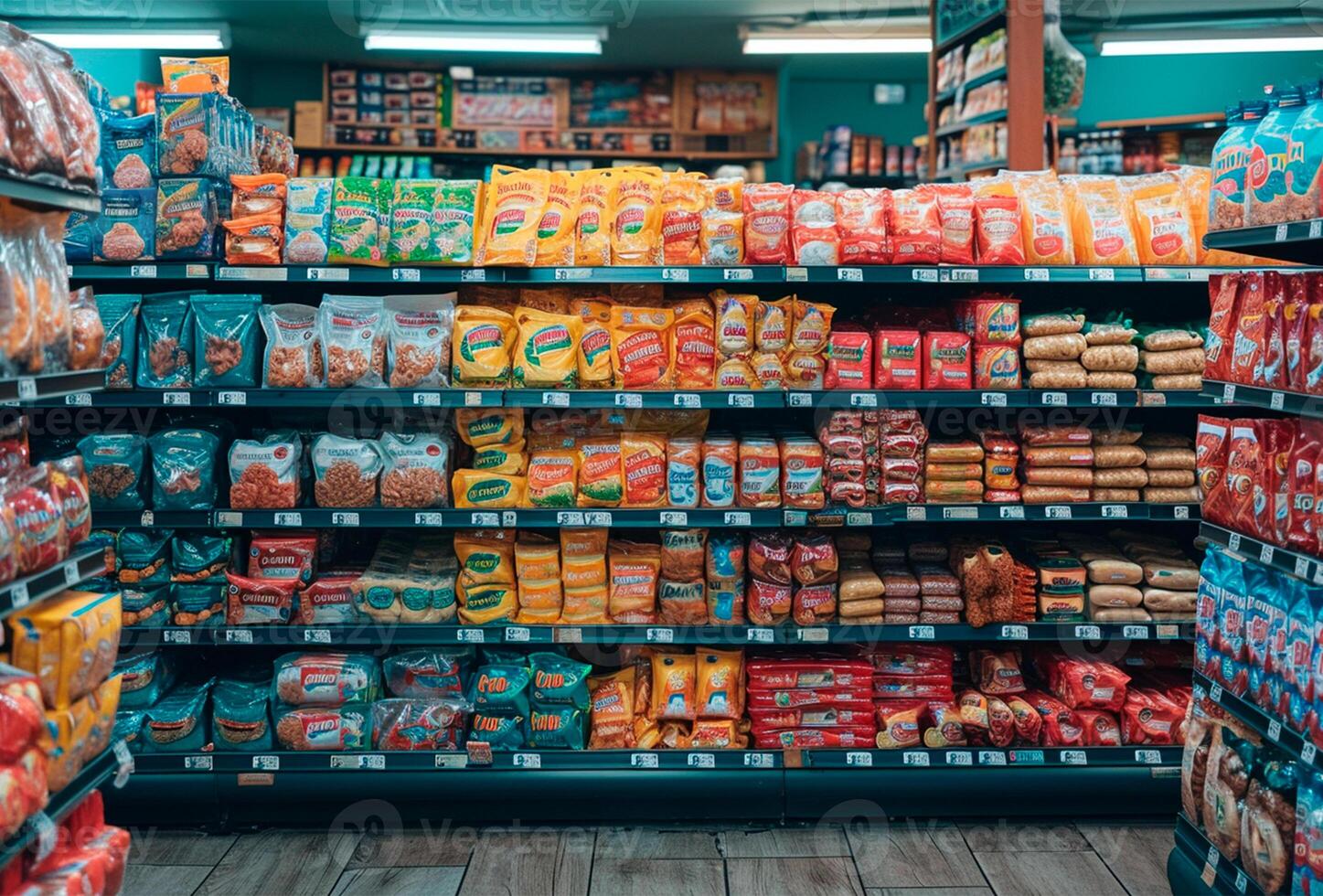 AI generated Grocery store, display cases with products - AI generated image photo