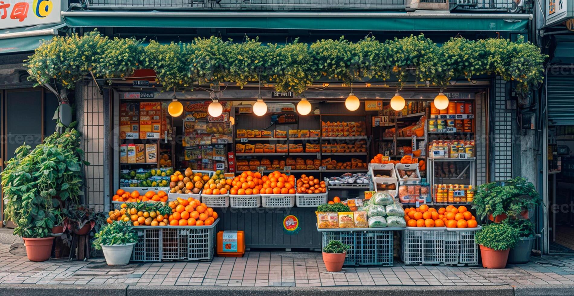 AI generated Grocery store, display cases with products - AI generated image photo