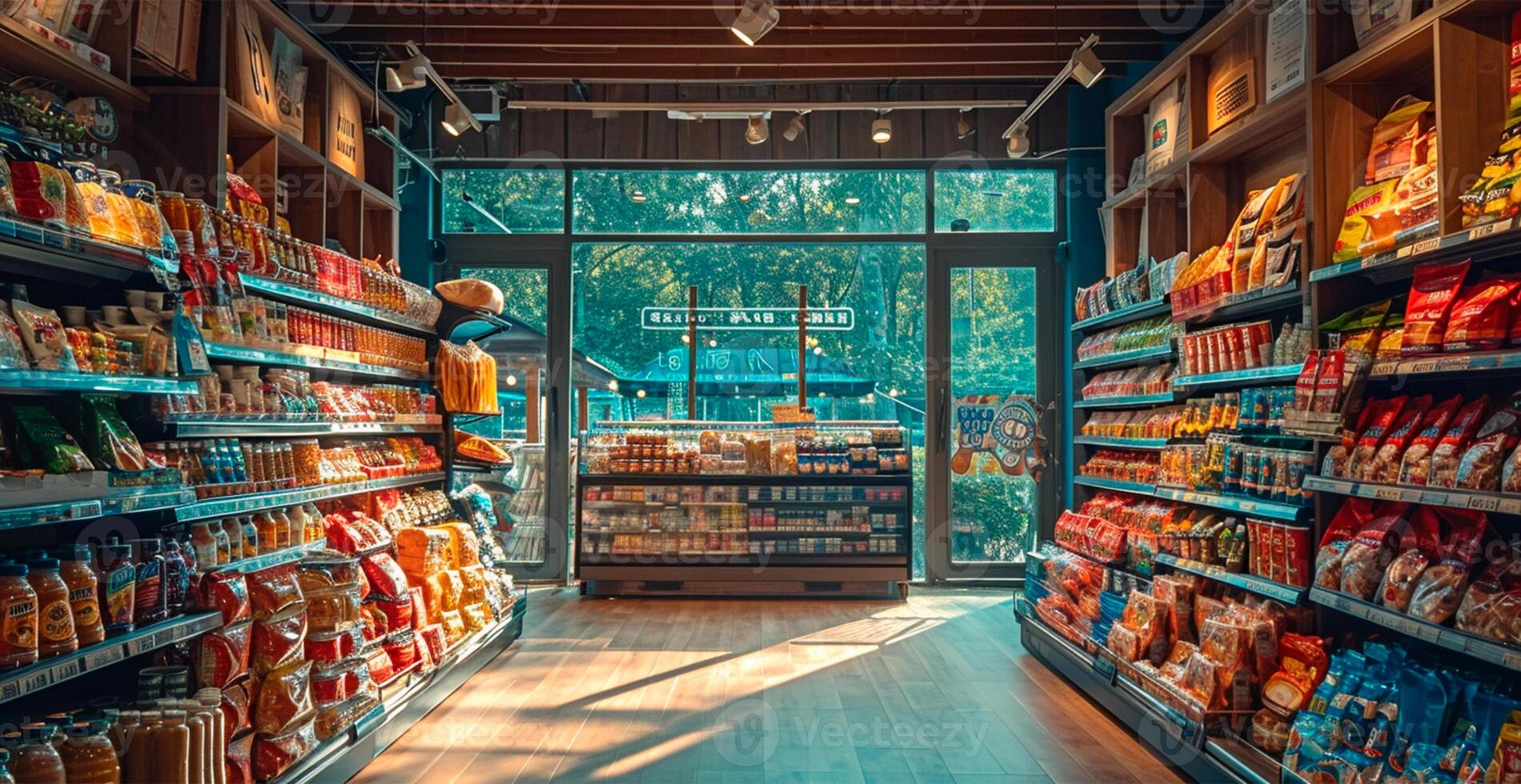 AI generated Grocery store, display cases with products - AI generated image photo