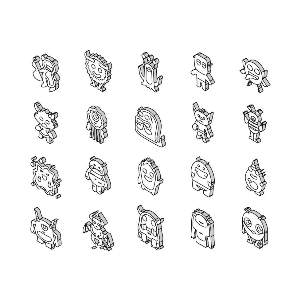 monster funny cute alien isometric icons set vector