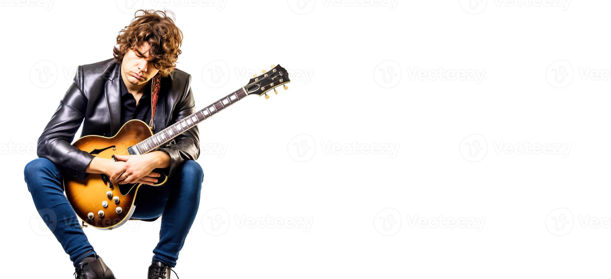 AI generated Close-up of successful musician playing guitar, white background isolate. photo