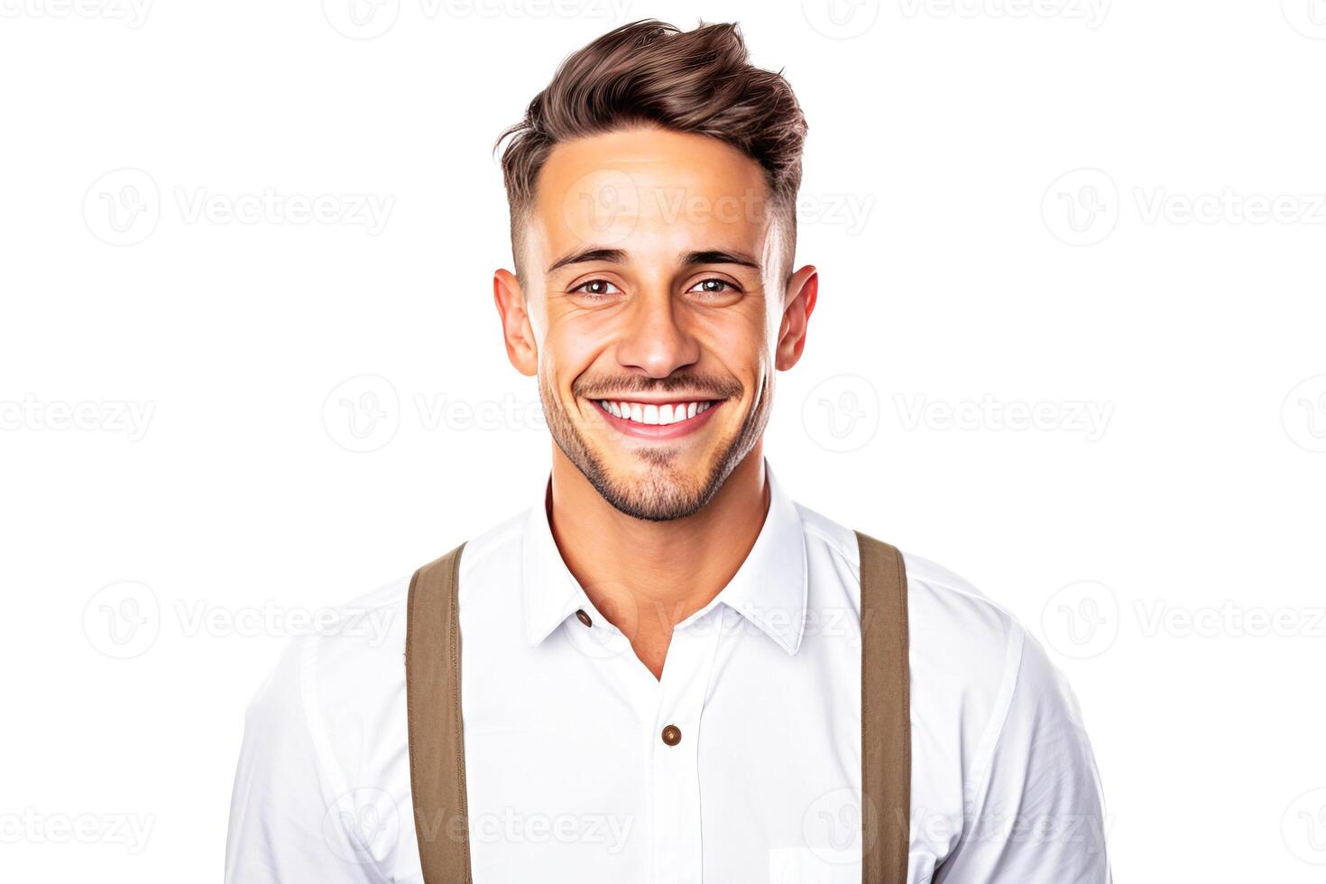 ai generado de cerca de un sonriente hombre vendedor en uniforme, en un blanco antecedentes. foto