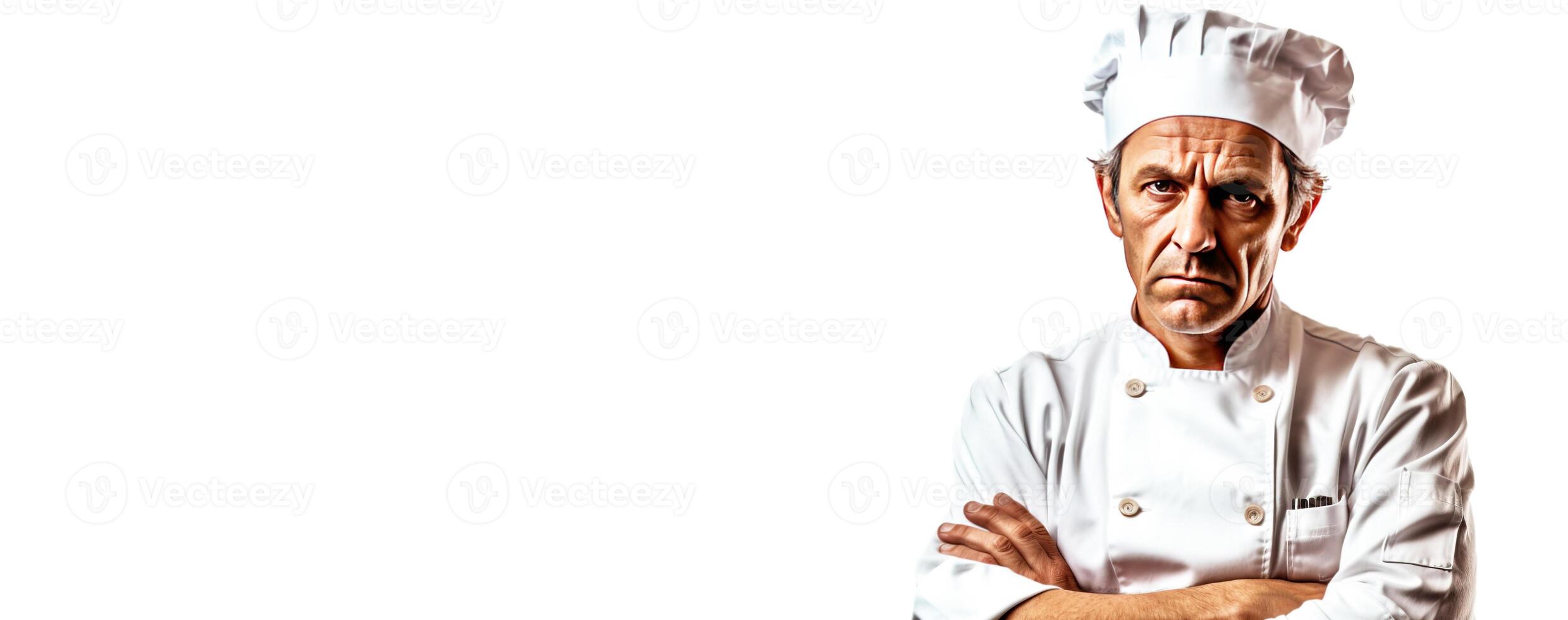 ai generado enojado masculino profesional cocinero en Servicio uniforme, blanco antecedentes aislar. foto