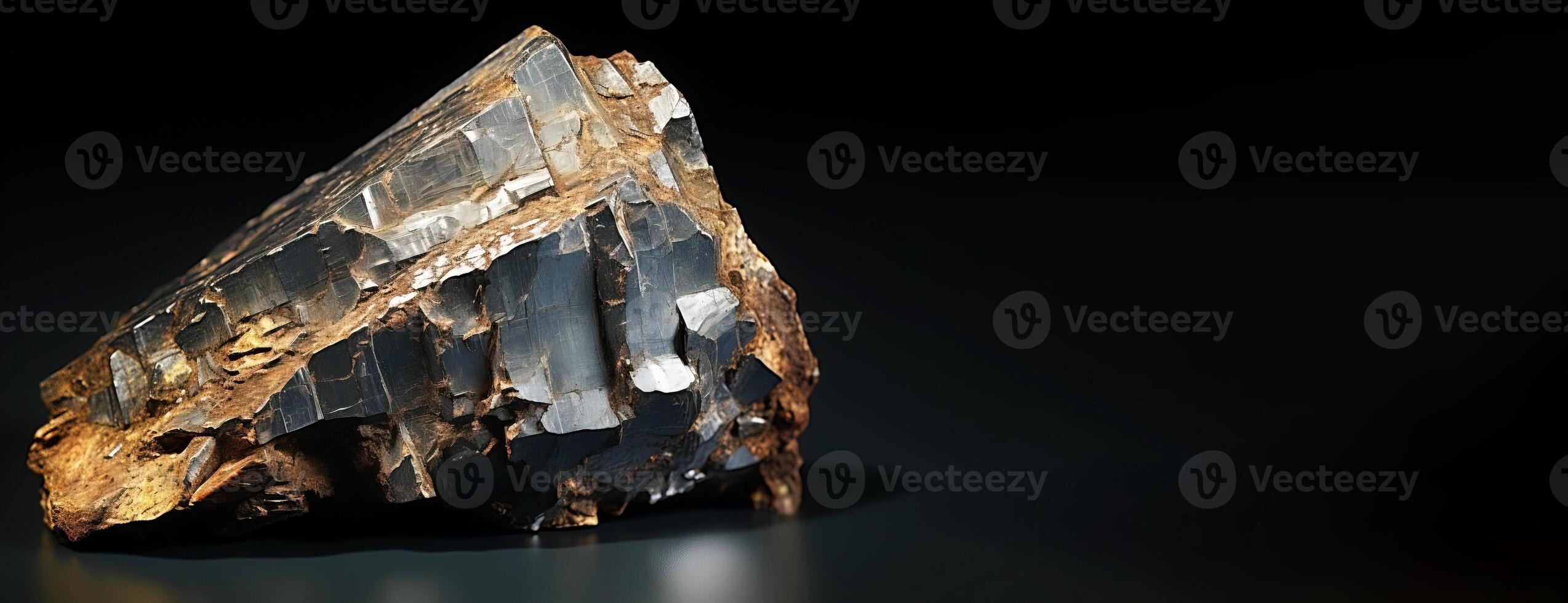 AI generated Yttrialite is a rare precious natural stone on a black background. AI generated. Header banner mockup with space. photo