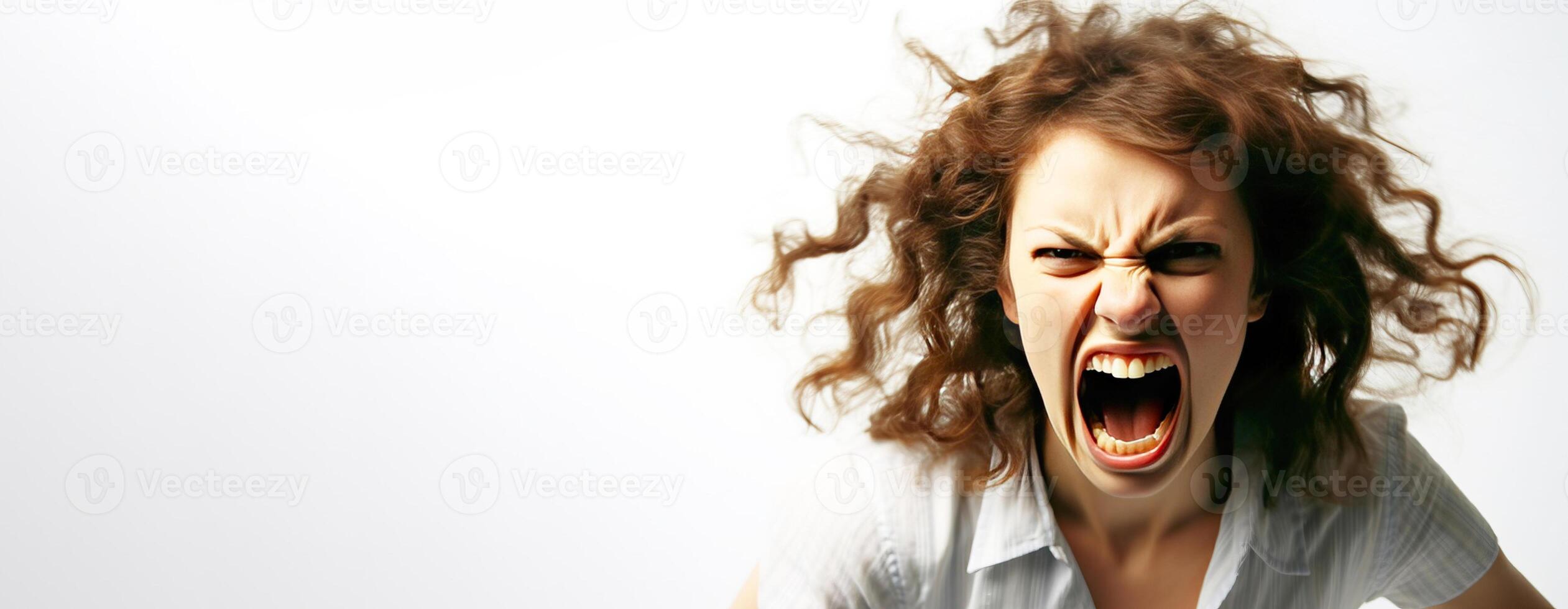 AI generated Close-up of a young woman angry, screaming in a scandal, white background isolate. photo