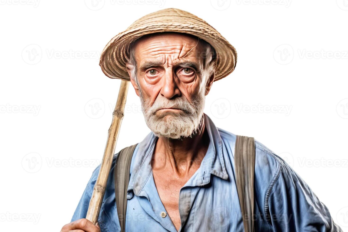 AI generated Excited irritated angry male farmer in work clothes, white background isolate. photo