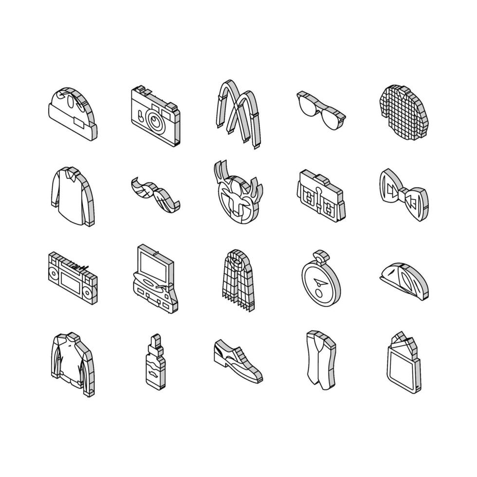 hipster retro vintage old style isometric icons set vector