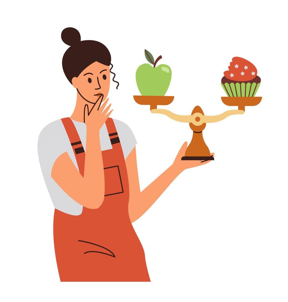 Woman choosing between healthy and unhealthy food. Female character dieting and healthy eating. Vector illustration.