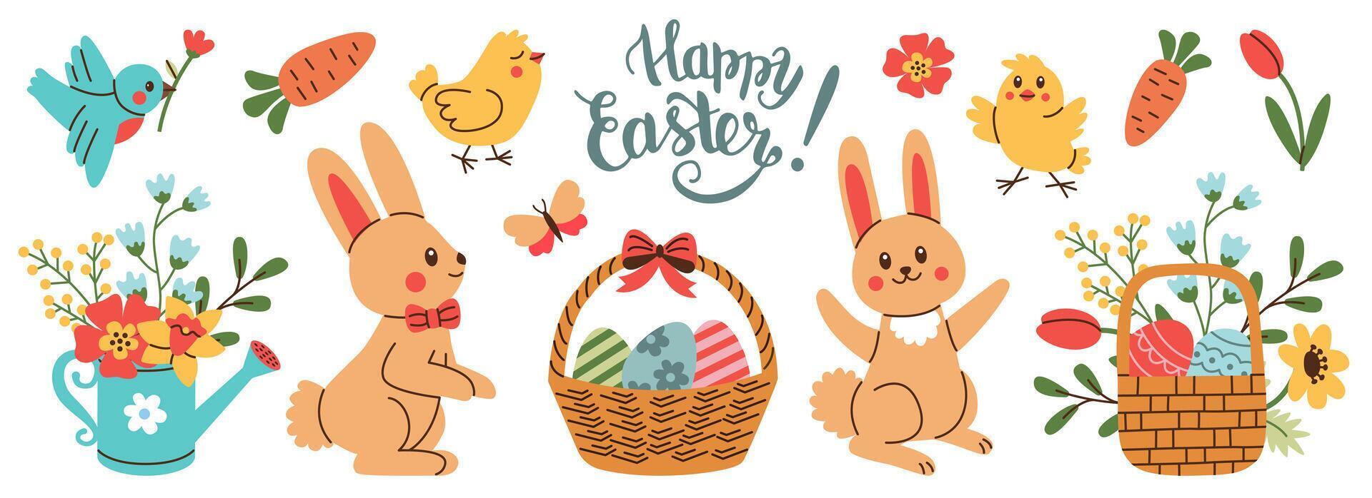 conjunto de Pascua de Resurrección y primavera diseño elementos. conejo, huevos, pollo, mariposa, tulipanes, flores, sucursales, cesta. Perfecto para fiesta decoración y saludo tarjetas vector