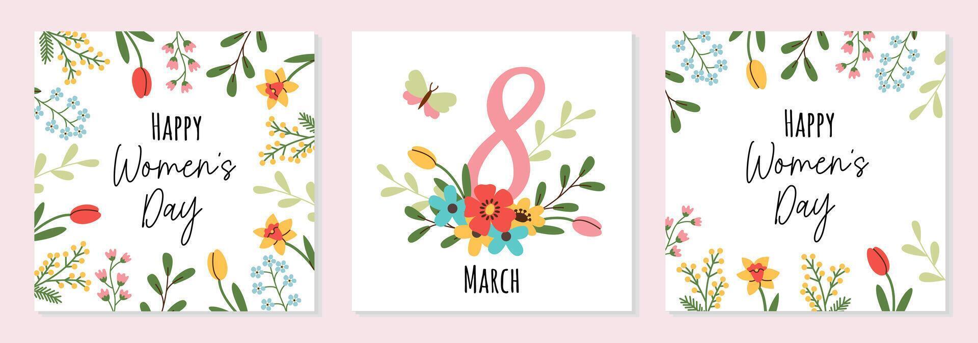 Set of Mothers Day greeting cards with beautiful flowers, floral frame. Mother's Day templates for poster, cover, banner, social media. vector