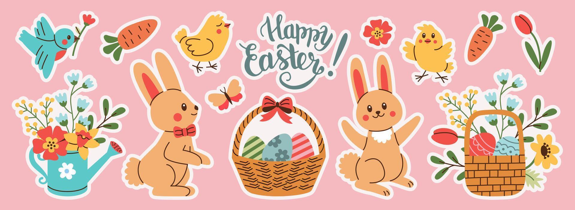 Stickers set of Easter and Spring design elements. Rabbit, eggs, chicken, butterfly, tulips, flowers, branches, basket. vector