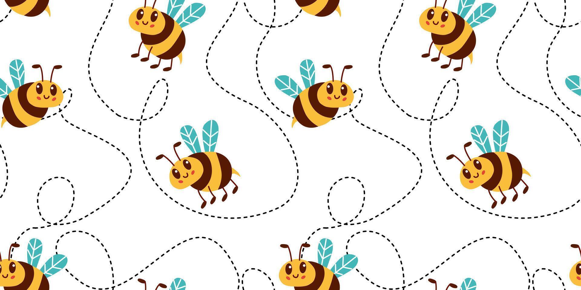 Seamless pattern with flying bees on a dotted route. Vector brown and yellow bees isolated on white background. Flat vector illustration.