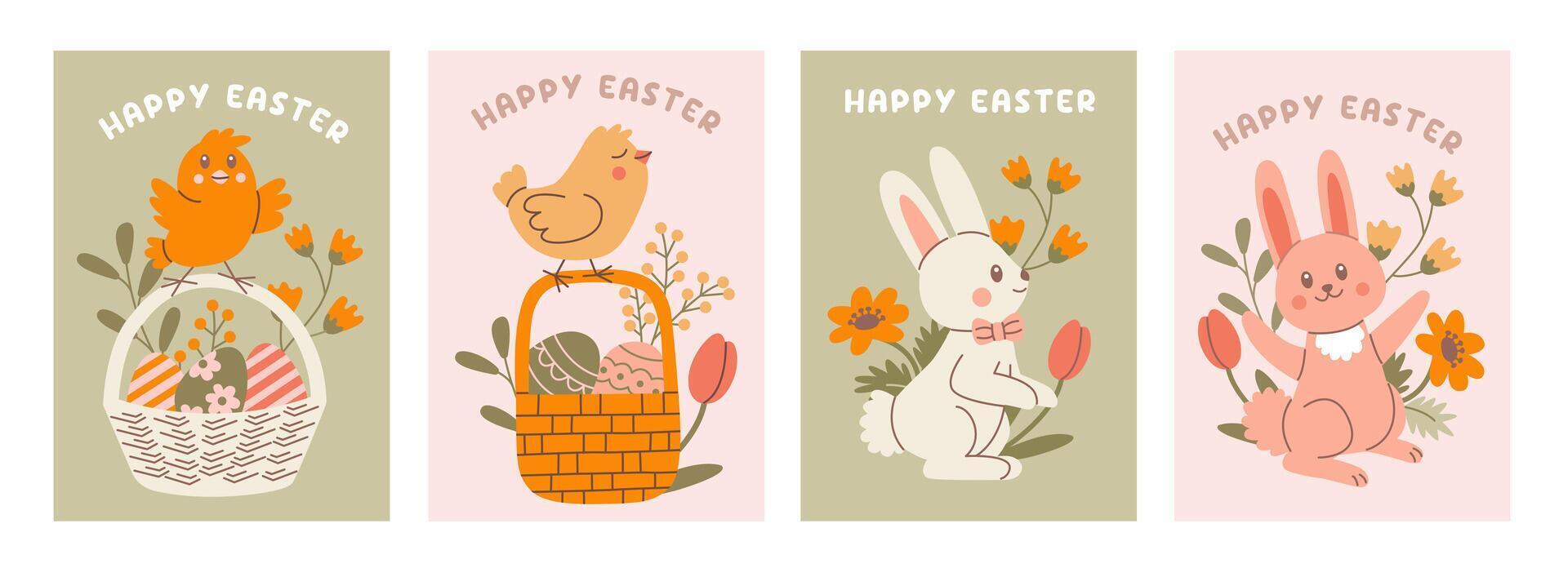 Happy Easter. Set of banners, greeting card, poster, holiday covers. Modern design with typography, eggs, bunny and chicken. vector