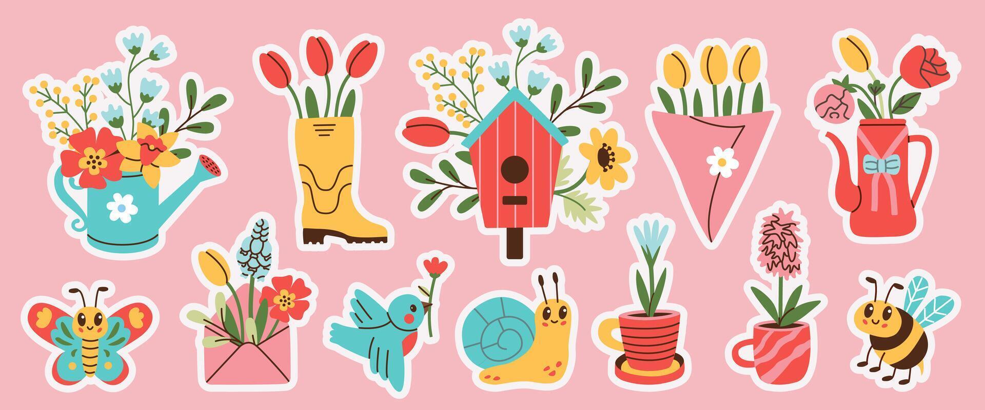 Stickers set of spring hand drawn elements. Floral decor. Flowers, branches, bouquets, watering can, teapot, birdhouse. vector