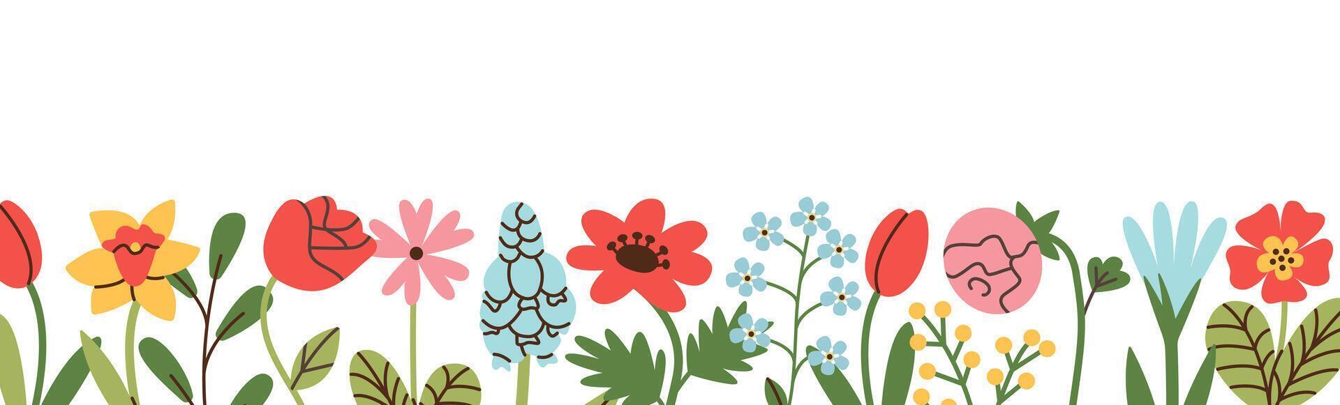 Horizontal banner or floral background decorated colorful flowers and leaves.. Spring summer botanical border. vector