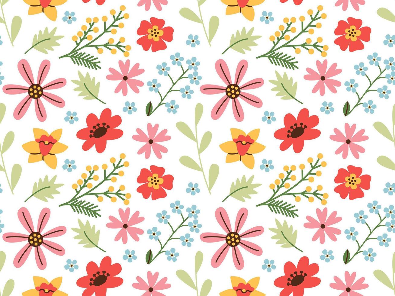 Hand drawn seamless beautiful floral pattern. Fabric design with simple spring summer flowers. Vector cute print for baby fabric, wallpaper or wrap paper.