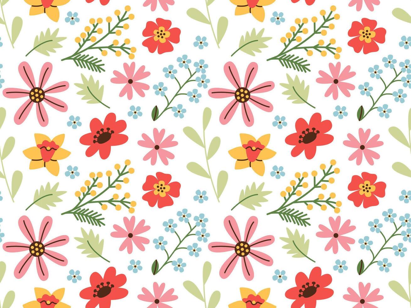 Hand drawn seamless beautiful floral pattern. Fabric design with simple spring summer flowers. Vector cute print for baby fabric, wallpaper or wrap paper.