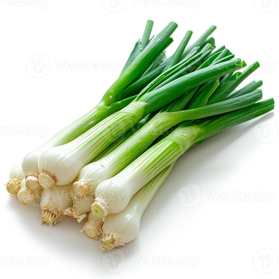 AI generated Fresh onion stems on white isolated background - AI generated image photo