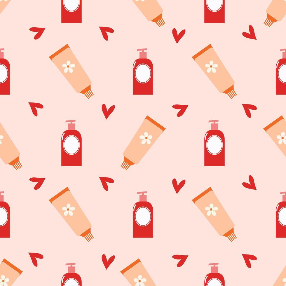Seamless pattern of hand and face creams, organic cosmetics. Skin care background. Print, wallpaper. Vector