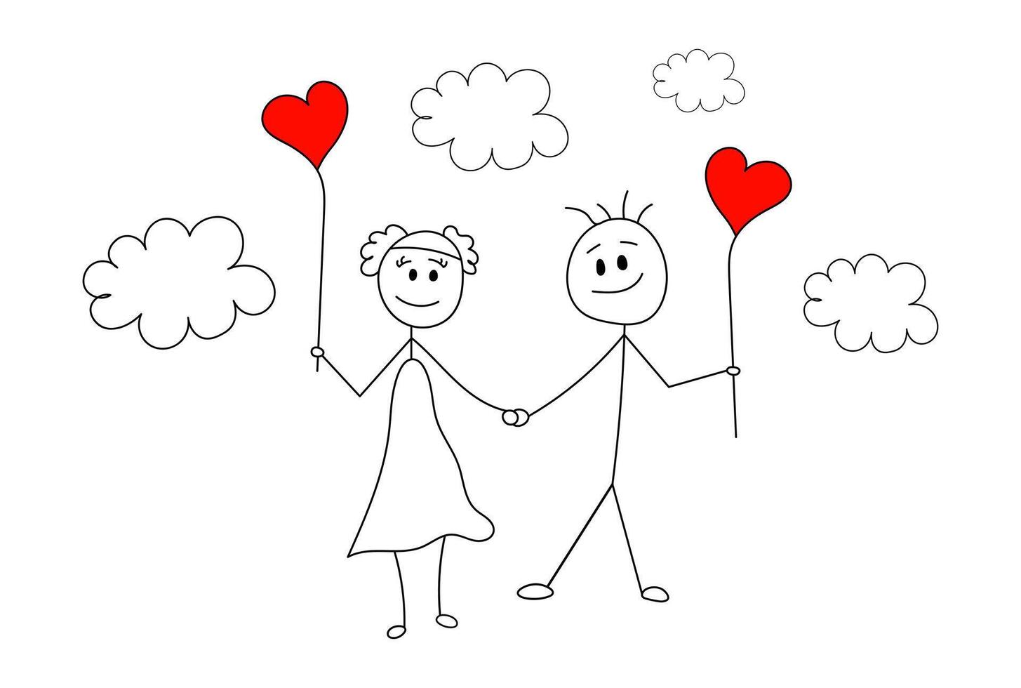 Valentine's Day, a boy and a girl holding hands and flying balloons vector