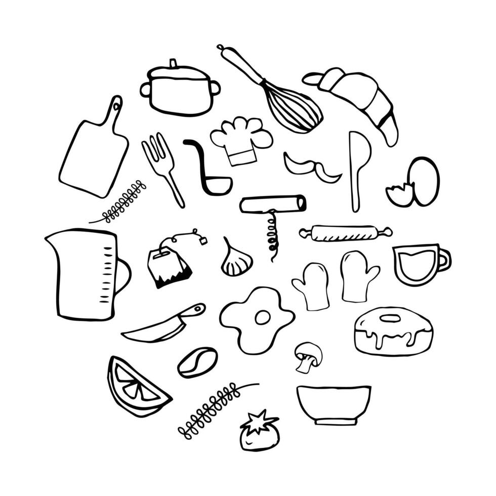 Kitchen doodles icon set. Hand drawn lines kitchen cooking tools vector