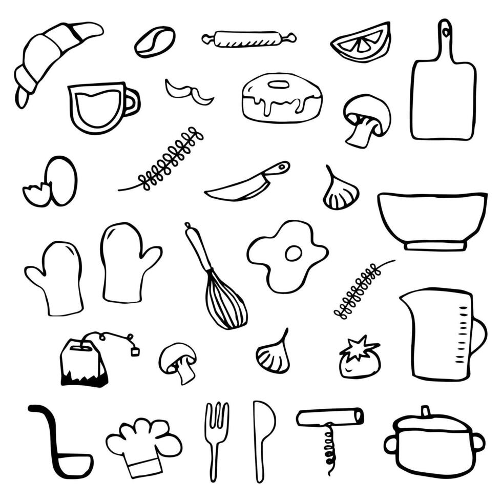 Kitchen doodles icon set. Hand drawn lines kitchen cooking tools vector