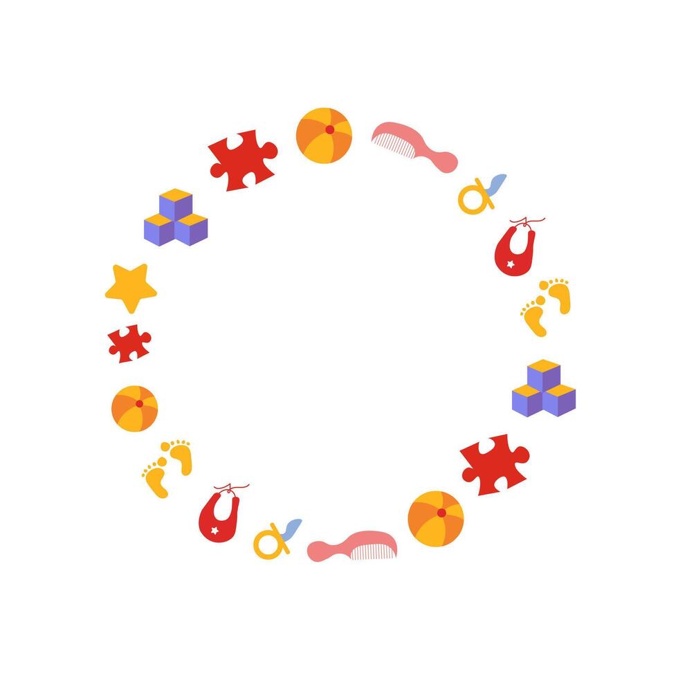 The frame is in the form of a circle of children's toys. For banners, posters, flyers, postcards, invitations. vector