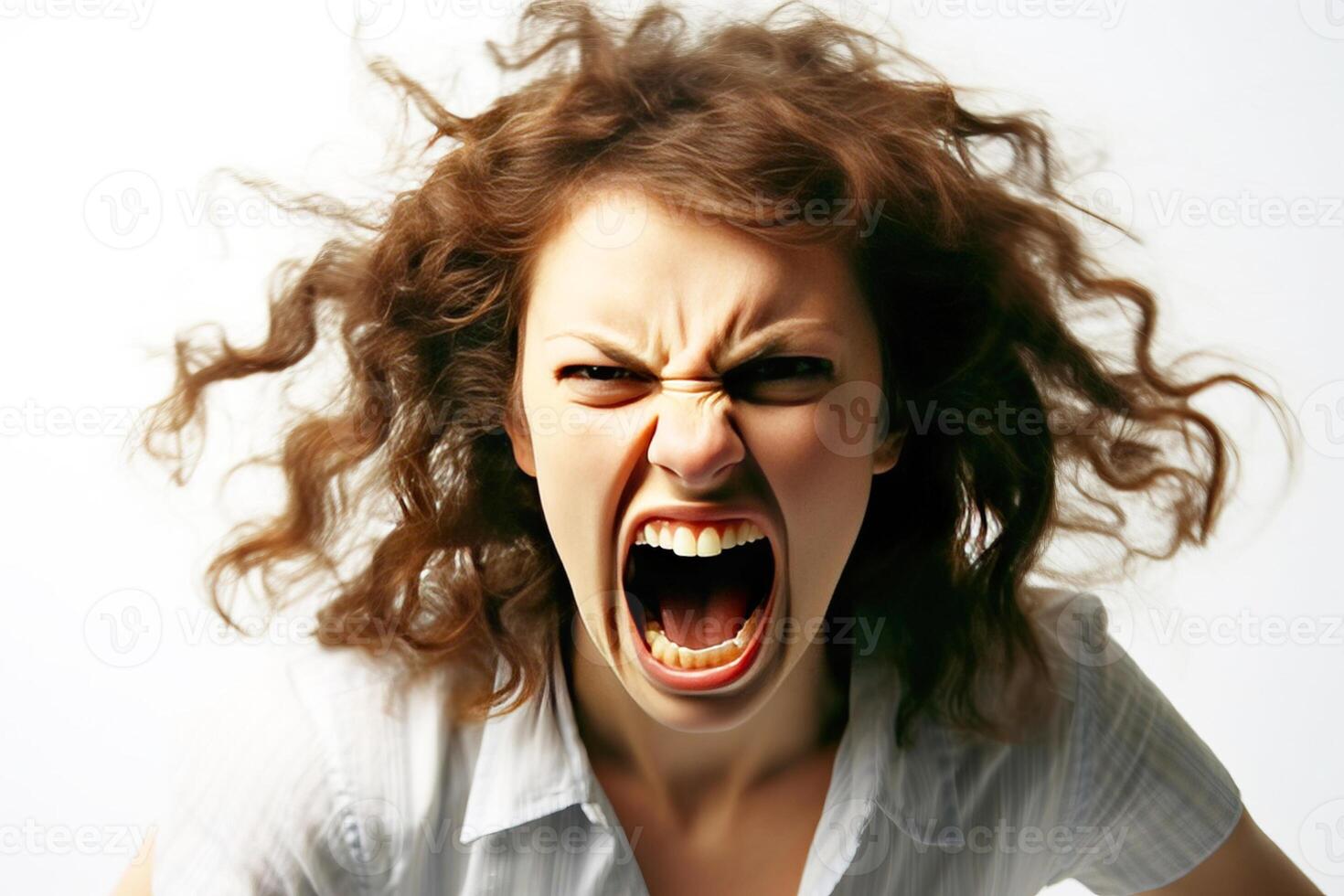 AI generated Close-up of a young woman angry, screaming in a scandal, white background isolate. photo