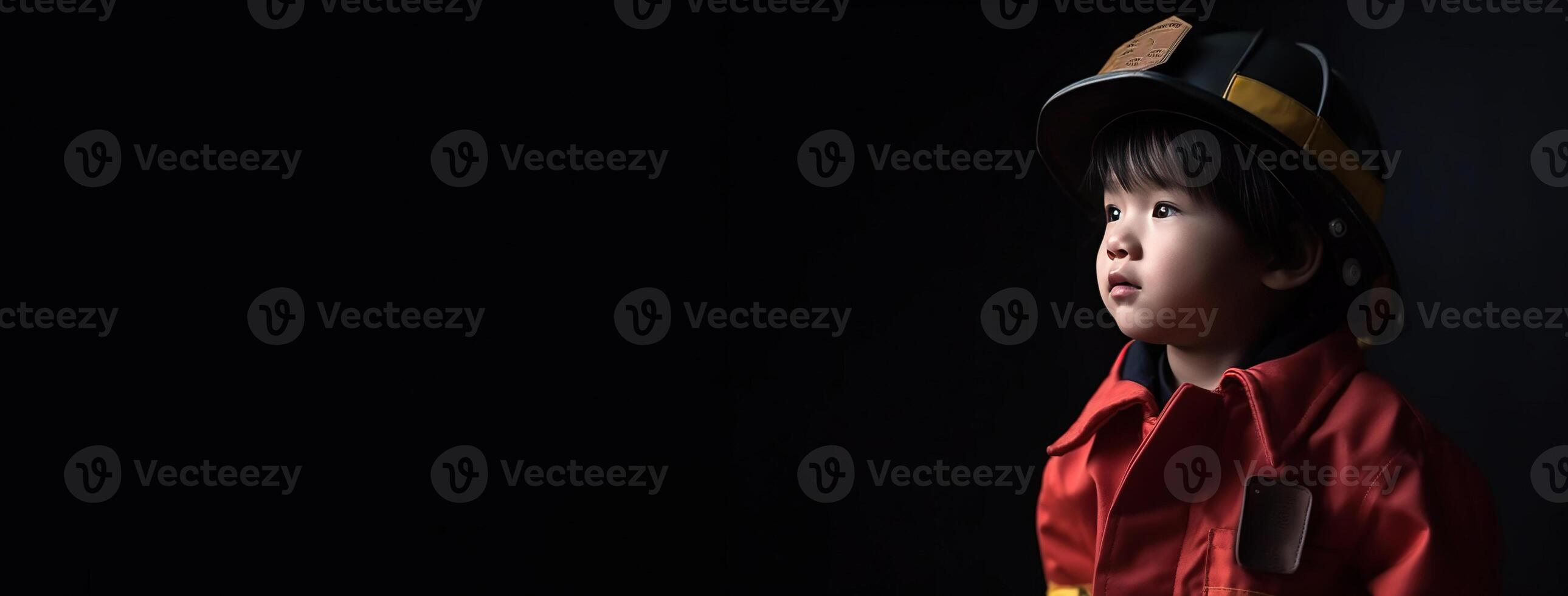 AI generated Boy child in uniform suit, helmet of hero of brave profession of fireman, black background isolate. photo