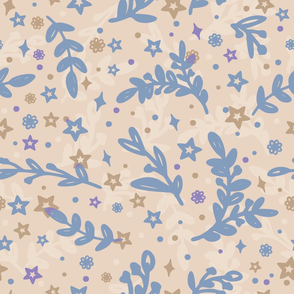 Vector seamless floral pastel pattern with colorful leaves, flowers and stars on light beige background