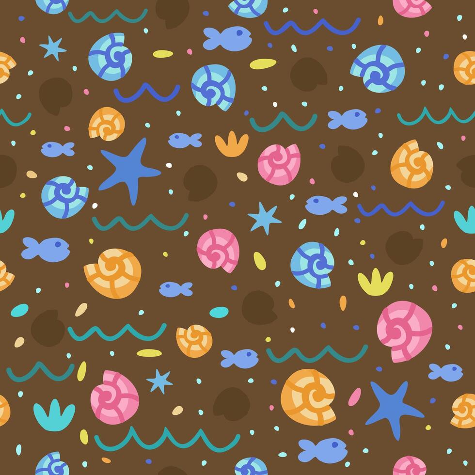 Vector seamless pattern with shellfishes, fishes, waves and seastars on brown background