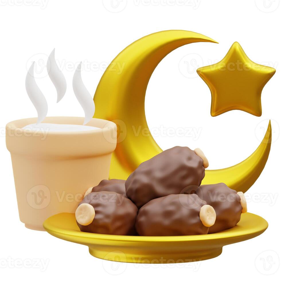 Iftar food, Breaking the fast. Food fasting icon, 3D rendering Ramadan illustration photo