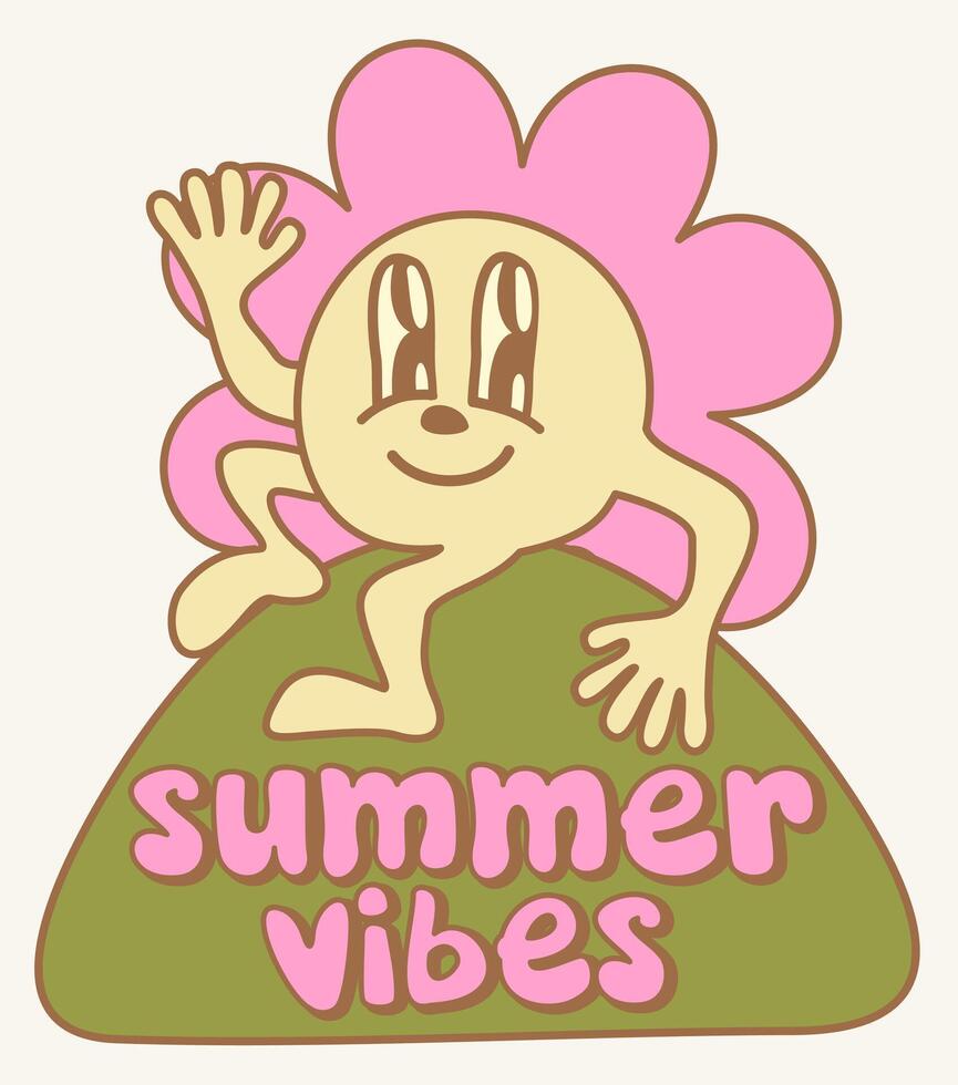 Happy smiling pink daisy sitting in grass. Summer vibes. Groovy retro cartoon vector isolated illustration