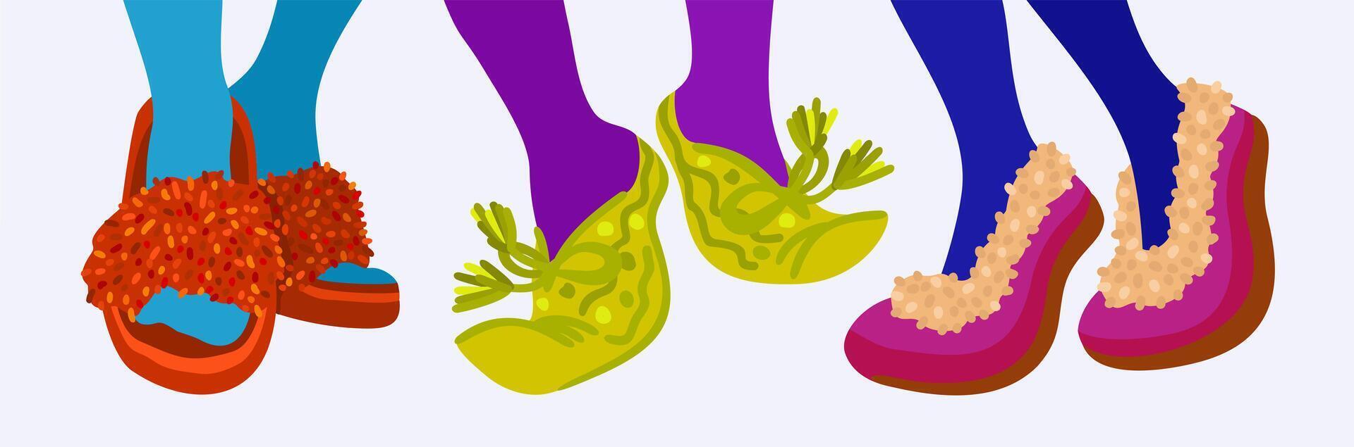 Vector set of colorful cute slippers on legs in bright socks
